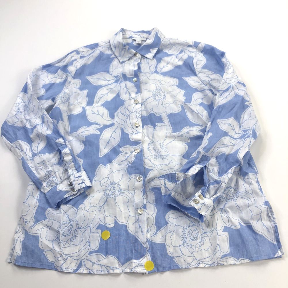 J.Jill Love Linen XS 100% Linen Shirt Button Long Sleeve Floral Blue PLS READ